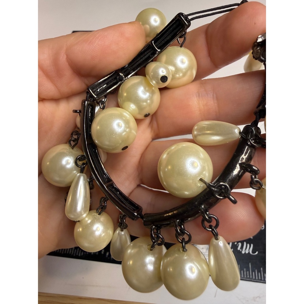 Faux Pearl and Rhinestone Gunmetal Hinged Statement Bangle Bracelet Cream